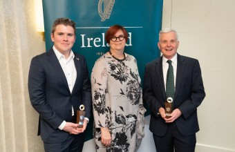 Recipient of the SFI St. Patrick’s Day Science Medal for Industry, and President of Stripe, John Collison, with President of the University of Limerick, Prof Kerstin Mey and recipient of the SFI St. Patrick’s Day Science Medal for Academia, Prof Donald McDonnell, who is the Associate Director for Translational Research for the Duke Cancer Institute, North Carolina.